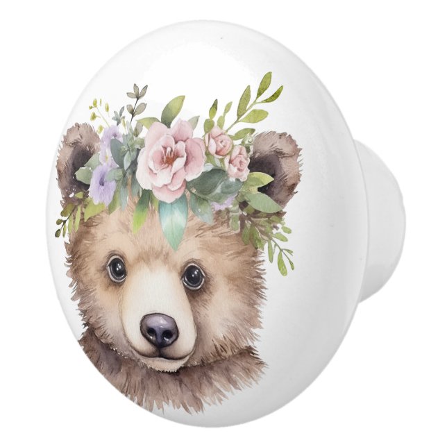 Bouton De Porte En Céramique Petit Ours Brown Avec Tête Florale (Droite)