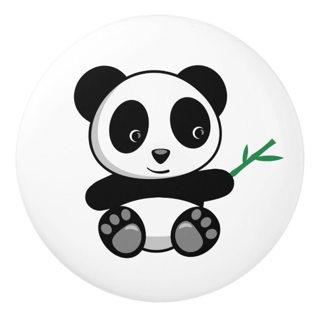 Bouton De Porte En Céramique Petit Panda mignonne avec bâton en bambou (Devant)