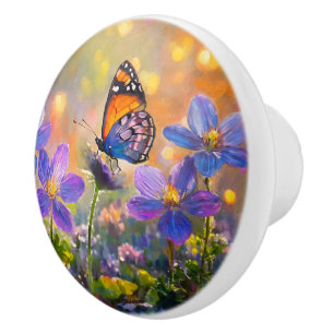 Bouton De Porte En Céramique Petit papillon sur des fleurs sauvages au lever du