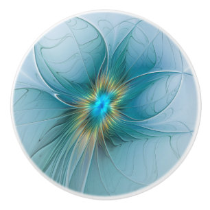 Bouton De Porte En Céramique Petite Beauté Moderne Fleur d'Art Fractal Bleu Or