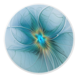 Bouton De Porte En Céramique Petite Beauté Moderne Fleur d'Art Fractal Bleu Or
