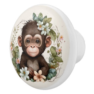 Bouton De Porte En Céramique Petite fille singe de la Jungle