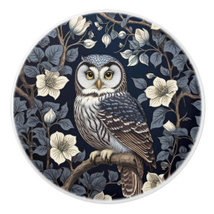 Bouton De Porte En Céramique Petite Nyctale de Tengmalm et fleurs de lune sur f