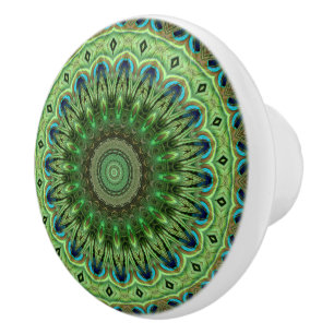 Bouton De Porte En Céramique Pétoncle en plumes Mandala Emerald et symétrie ble
