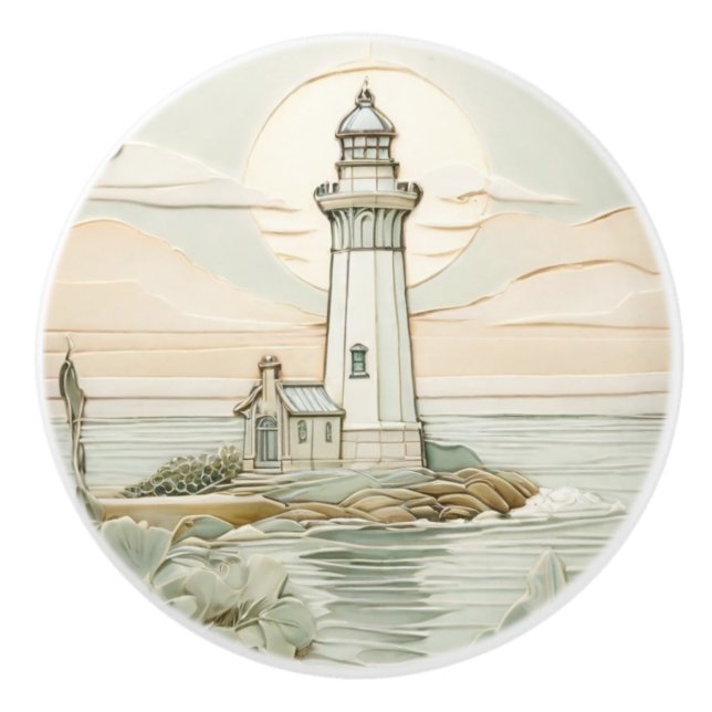 Bouton De Porte En Céramique Phare Art Nouveau Faux Relief Pastel Mint (Devant)