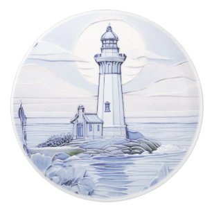 Bouton De Porte En Céramique Phare Art Nouveau Océan Bleu et blanc
