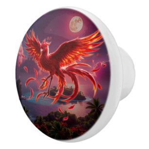 Bouton De Porte En Céramique Phénix cramoisi de la marée au clair de lune.