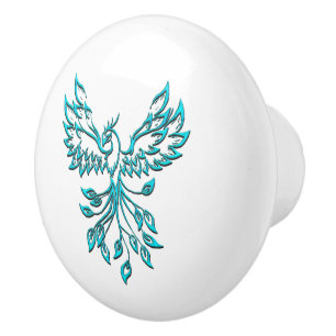 Bouton De Porte En Céramique Phoenix bleu se lève sur blanc