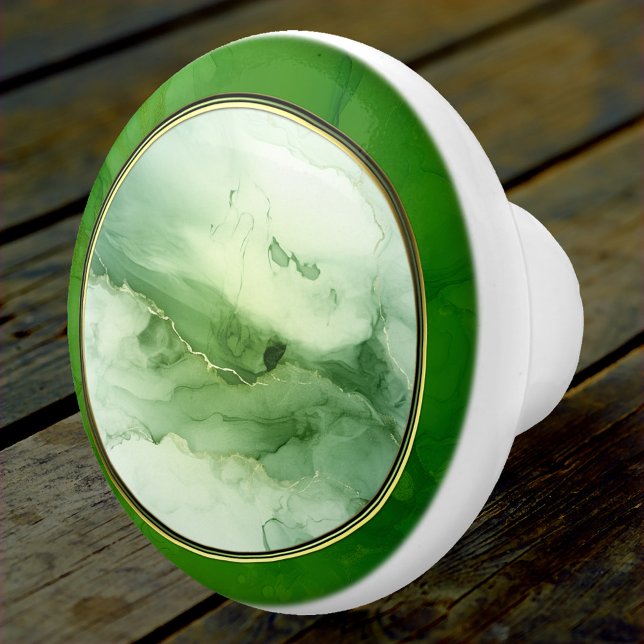 Bouton De Porte En Céramique Photo Abstraite Gold Vert (Ceramic knob featuring an abstract green design with the option to add your own photo in the center)