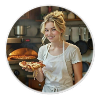 Bouton De Porte En Céramique Photo de pizza en train de manger Personnaliser
