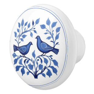 Bouton De Porte En Céramique Pigeon Dove Bird Couple Bleu Blanc Delft