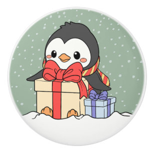 Bouton De Porte En Céramique Pingouin mignon avec cadeaux de Noël dans la chute