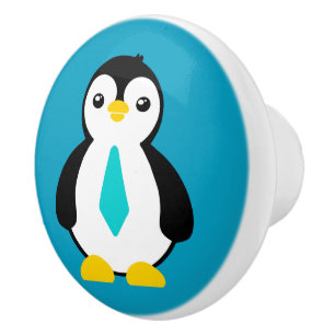 Bouton De Porte En Céramique Pingouin mignon bébé avec une cravate bleue