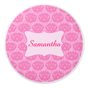 Bouton De Porte En Céramique Pink Damask Baby Girl Nom Naissance personnalisée