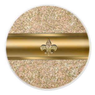 Bouton De Porte En Céramique Pink & Gold Sparkle Glittery Fleur de lis Chic