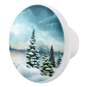 Bouton De Porte En Céramique Pittoresque Winter Wonderland aquarelle peinture