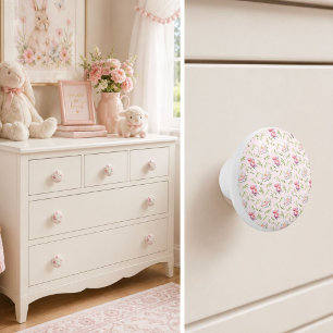 Bouton De Porte En Céramique Pivoines roses avec motif de feuilles de bambou