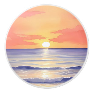 Bouton De Porte En Céramique Plage à Sunset Ocean Wave Watercolor Peinture