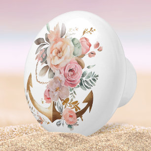 Bouton De Porte En Céramique Plage Ancre nautique Océan Aquarelle