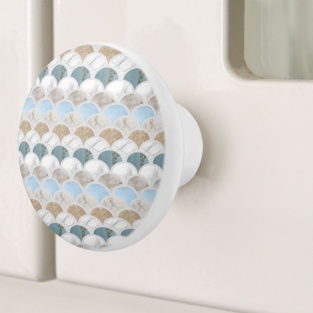 Bouton De Porte En Céramique plage aqua bleu marbre blanc pastel pèse-sirène (beach aqua blue white marble pastel mermaid scales ceramic knob)