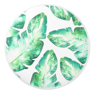 Bouton De Porte En Céramique Plage Blanc & Vert Palm Tropical Feuille