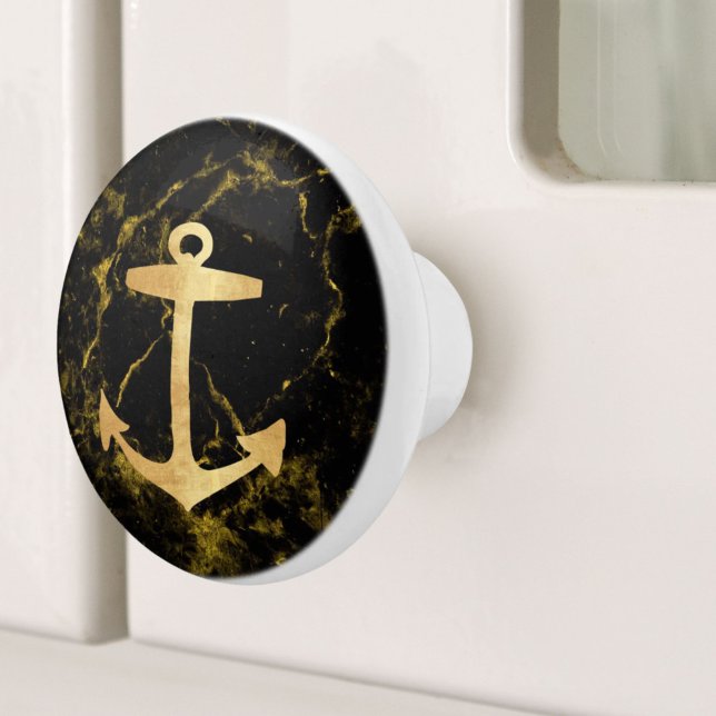 Bouton De Porte En Céramique Plage côtière nautique Marbre noir Ancre dorée (Nautical Coastal Beach Black Marble Golden Anchor Ceramic Knob)