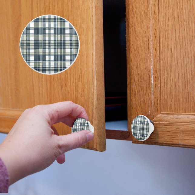 Bouton De Porte En Céramique Plaid blanc Denim Sage (Créateur téléchargé)