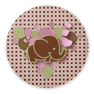 Bouton De Porte En Céramique Plaid rose et Brown avec l'éléphant