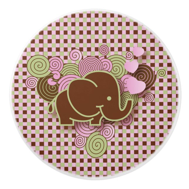 Bouton De Porte En Céramique Plaid rose et Brown avec l'éléphant (Devant)