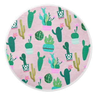 Bouton De Porte En Céramique Plantes de cactus cactées sud-ouest rustique rose