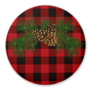 Bouton De Porte En Céramique Plaque rouge rustique et noire avec détail de cône