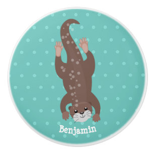 Bouton De Porte En Céramique Plongée de loutre mignonne sur dessin animé turquo