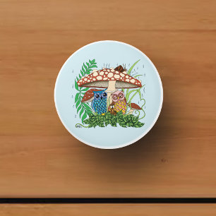Bouton De Porte En Céramique Pluie de champignons de la famille de la chouette