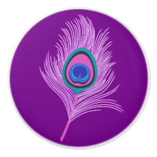 Bouton De Porte En Céramique Plumes de paon orchidée sur Amethyst violet