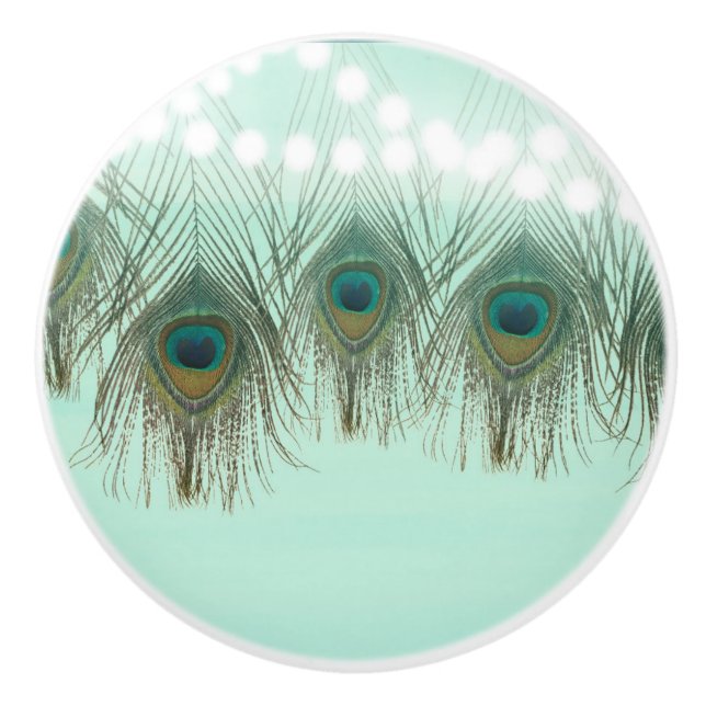 Bouton De Porte En Céramique Plumes et lumières Peacock Rustique chic élégant (Devant)