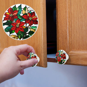 Bouton De Porte En Céramique Poinsettia en faux vitrail