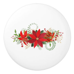 Bouton De Porte En Céramique Poinsettia Floral de Fêtes Rouge Blanc Hiver