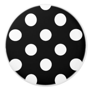 Bouton De Porte En Céramique Point Polka blanc sur le Motif noir