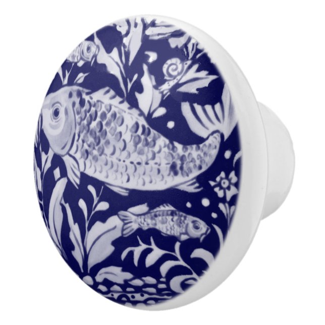 Bouton De Porte En Céramique Poisson bleu et blanc Koi Stylisé Plante d'étang (Droite)