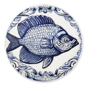 Bouton De Porte En Céramique Poisson Bleu et Blanc Mer & Océan Face droite
