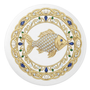 Bouton De Porte En Céramique Poisson cristal or 2Dgraphique pierre précieuse me
