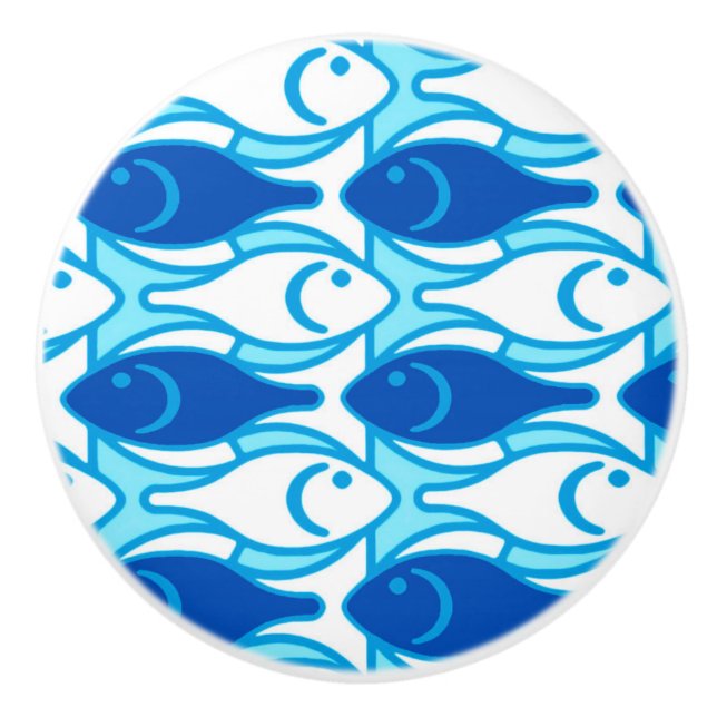 Bouton De Porte En Céramique Poisson moderne du milieu du siècle, bleu cobalt (Devant)