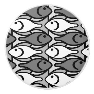 Bouton De Porte En Céramique Poisson moderne du milieu du siècle, gris, blanc e
