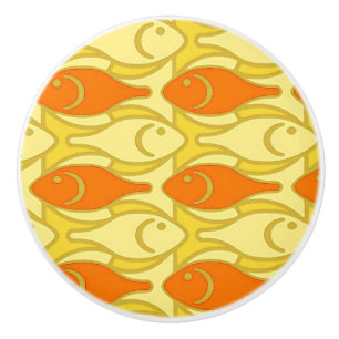 Bouton De Porte En Céramique Poisson moderne du milieu du siècle, jaune et ora