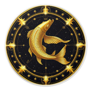 Bouton De Porte En Céramique ♓ Poissons dorés Zodiaque Étoiles Symbole Cadeau ♓