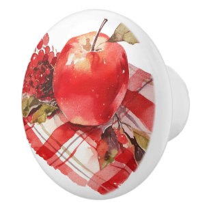 Bouton De Porte En Céramique Pommes rouges et cuisine à carreaux rouges