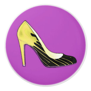 Bouton De Porte En Céramique Pompe Stiletto, jaune sur violet