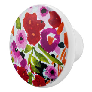 Bouton De Porte En Céramique Pop de couleur vive Fleurs aquarelles à l'encre 