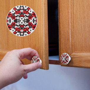 Bouton De Porte En Céramique Poppies rouges et blanches sur noir