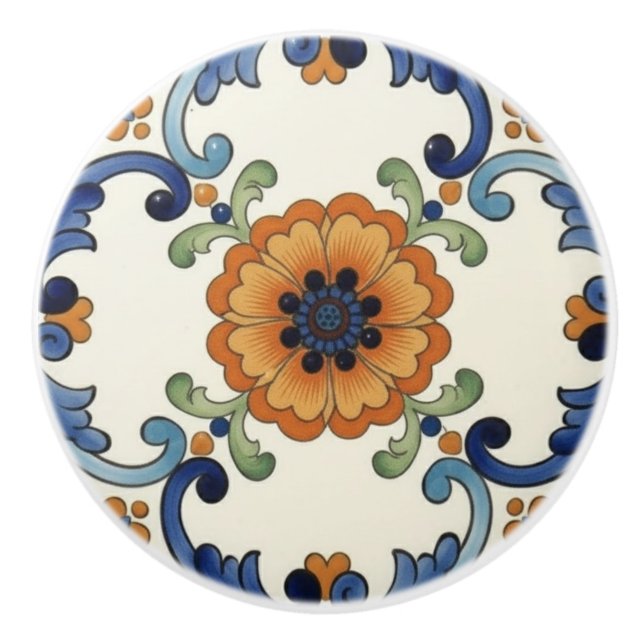 Bouton De Porte En Céramique Poppy Flower Mediterranean Blue Orange Cream (Devant)